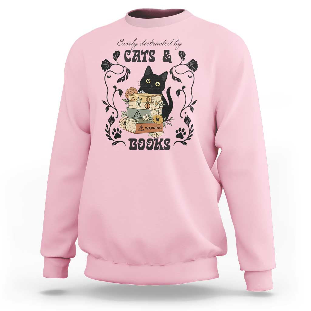 Easily Distracted By Cats And Books Sweatshirt Funny Book Kitty Lover - Wonder Print Shop
