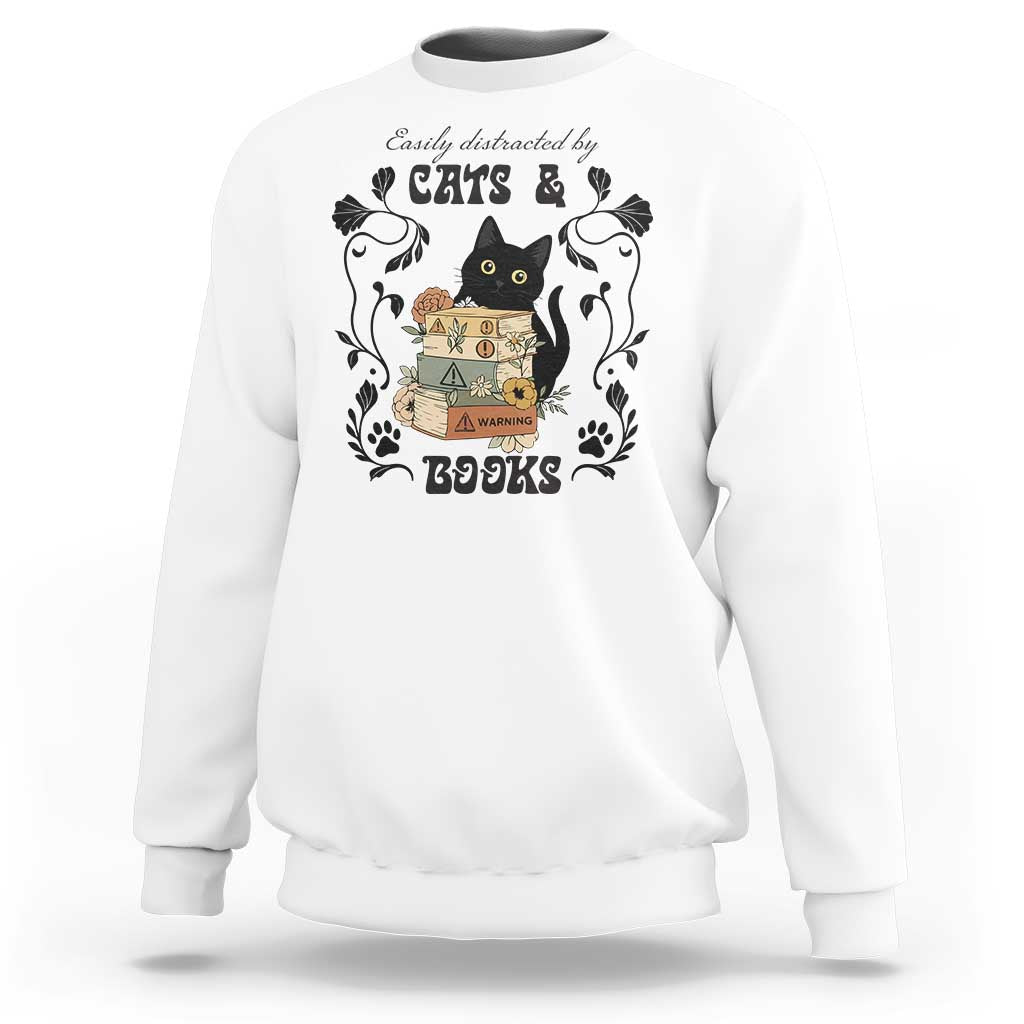 Easily Distracted By Cats And Books Sweatshirt Funny Book Kitty Lover - Wonder Print Shop