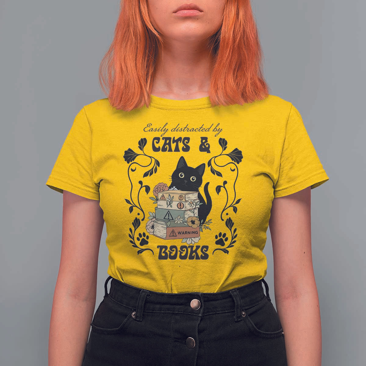 Easily Distracted By Cats And Books T Shirt For Women Funny Book Kitty Lover - Wonder Print Shop