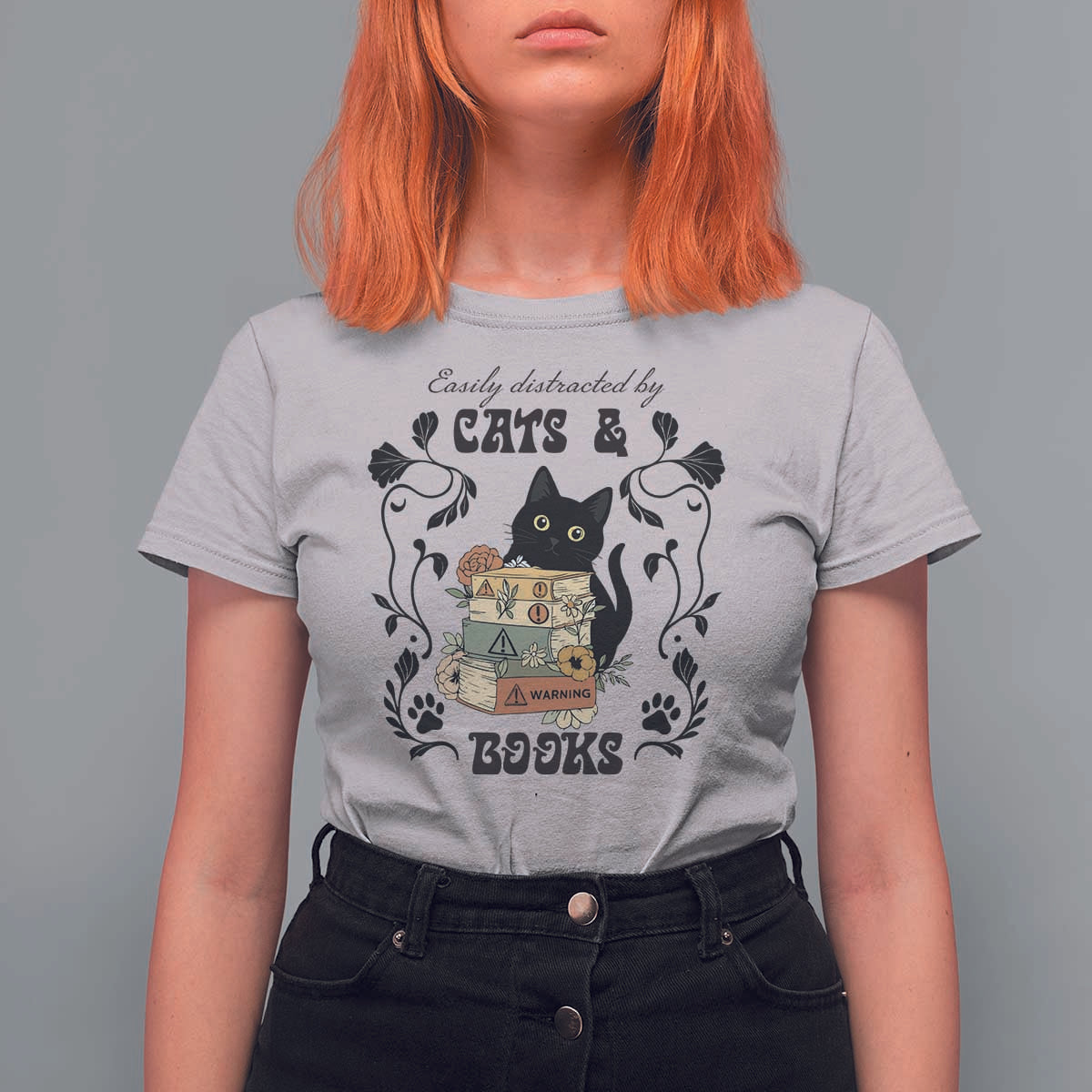 Easily Distracted By Cats And Books T Shirt For Women Funny Book Kitty Lover - Wonder Print Shop
