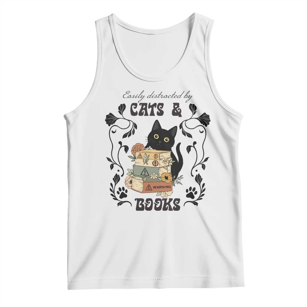 Easily Distracted By Cats And Books Tank Top Funny Book Kitty Lover - Wonder Print Shop