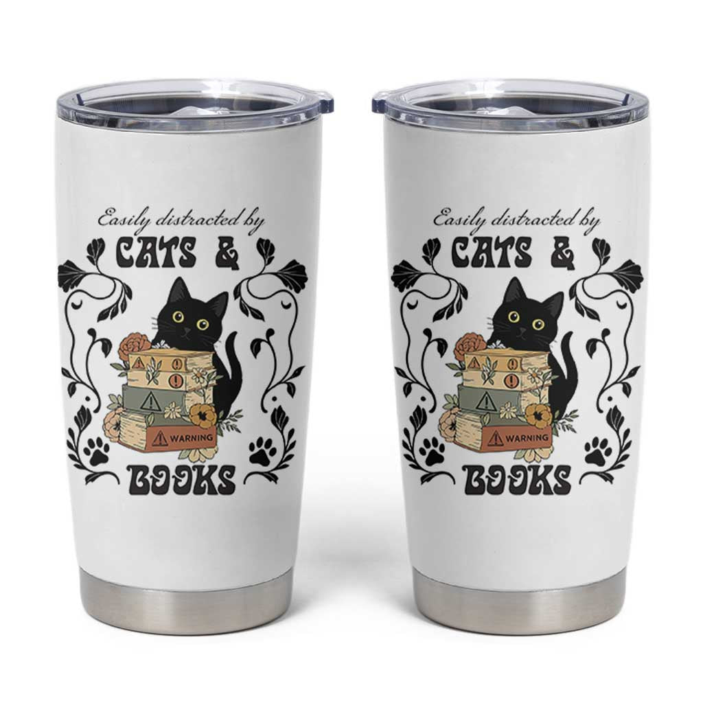 Easily Distracted By Cats And Books Tumbler Cup Funny Book Kitty Lover