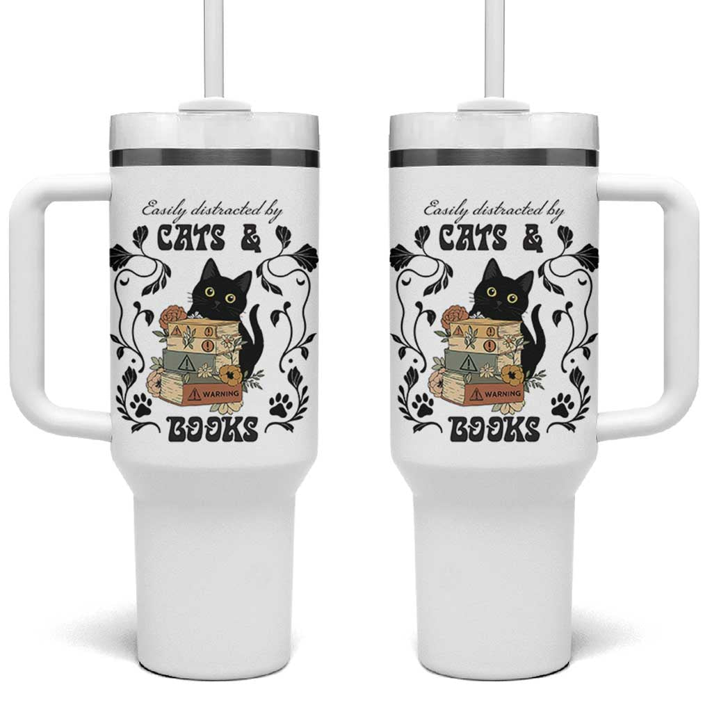Easily Distracted By Cats And Books Tumbler With Handle Funny Book Kitty Lover