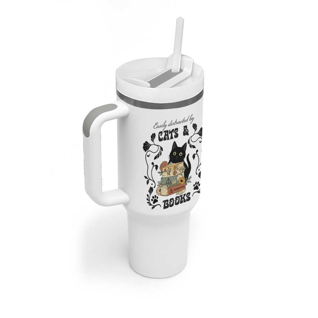 Easily Distracted By Cats And Books Tumbler With Handle Funny Book Kitty Lover