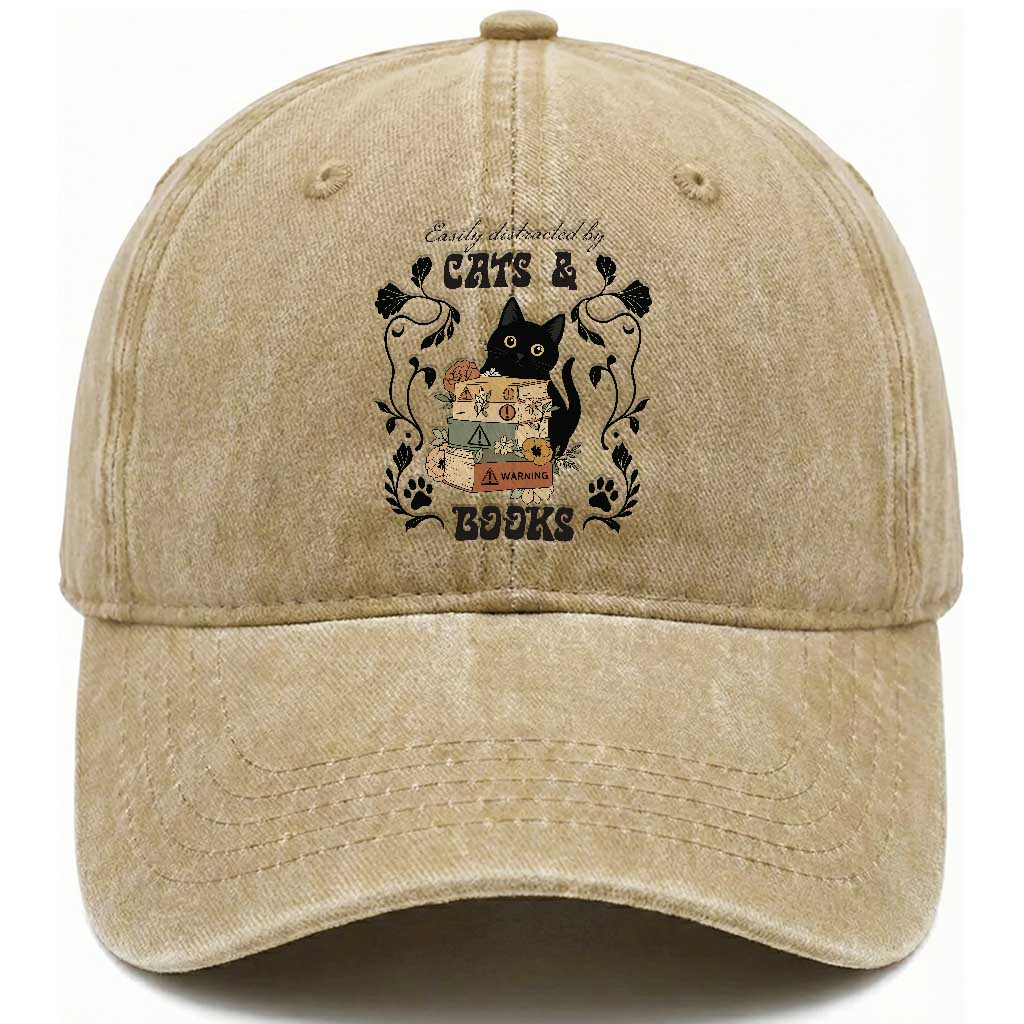 Easily Distracted By Cats And Books Washed Cotton Baseball Cap Funny Book Kitty Lover