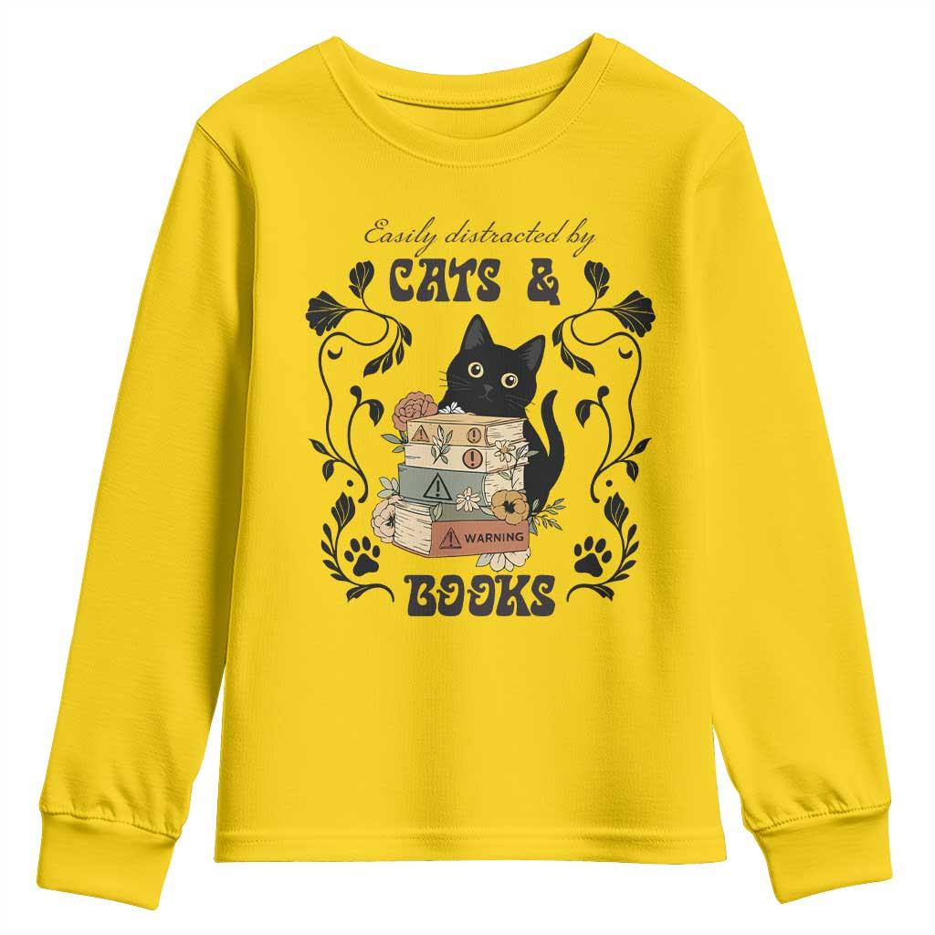 Easily Distracted By Cats And Books Youth Sweatshirt Funny Book Kitty Lover - Wonder Print Shop