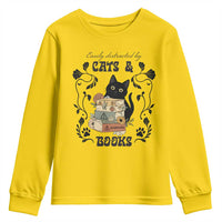 Easily Distracted By Cats And Books Youth Sweatshirt Funny Book Kitty Lover - Wonder Print Shop