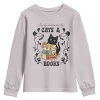 Easily Distracted By Cats And Books Youth Sweatshirt Funny Book Kitty Lover - Wonder Print Shop