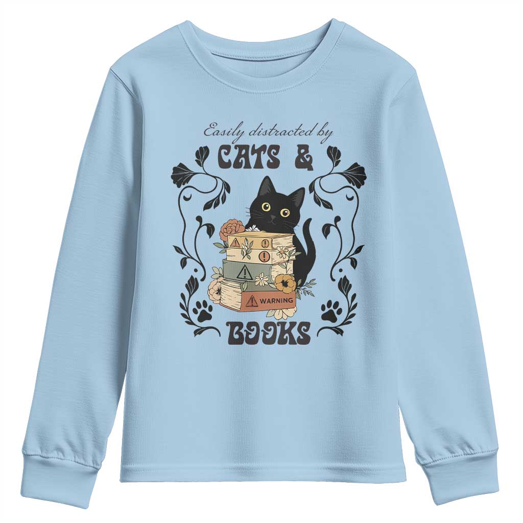 Easily Distracted By Cats And Books Youth Sweatshirt Funny Book Kitty Lover - Wonder Print Shop