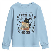 Easily Distracted By Cats And Books Youth Sweatshirt Funny Book Kitty Lover - Wonder Print Shop