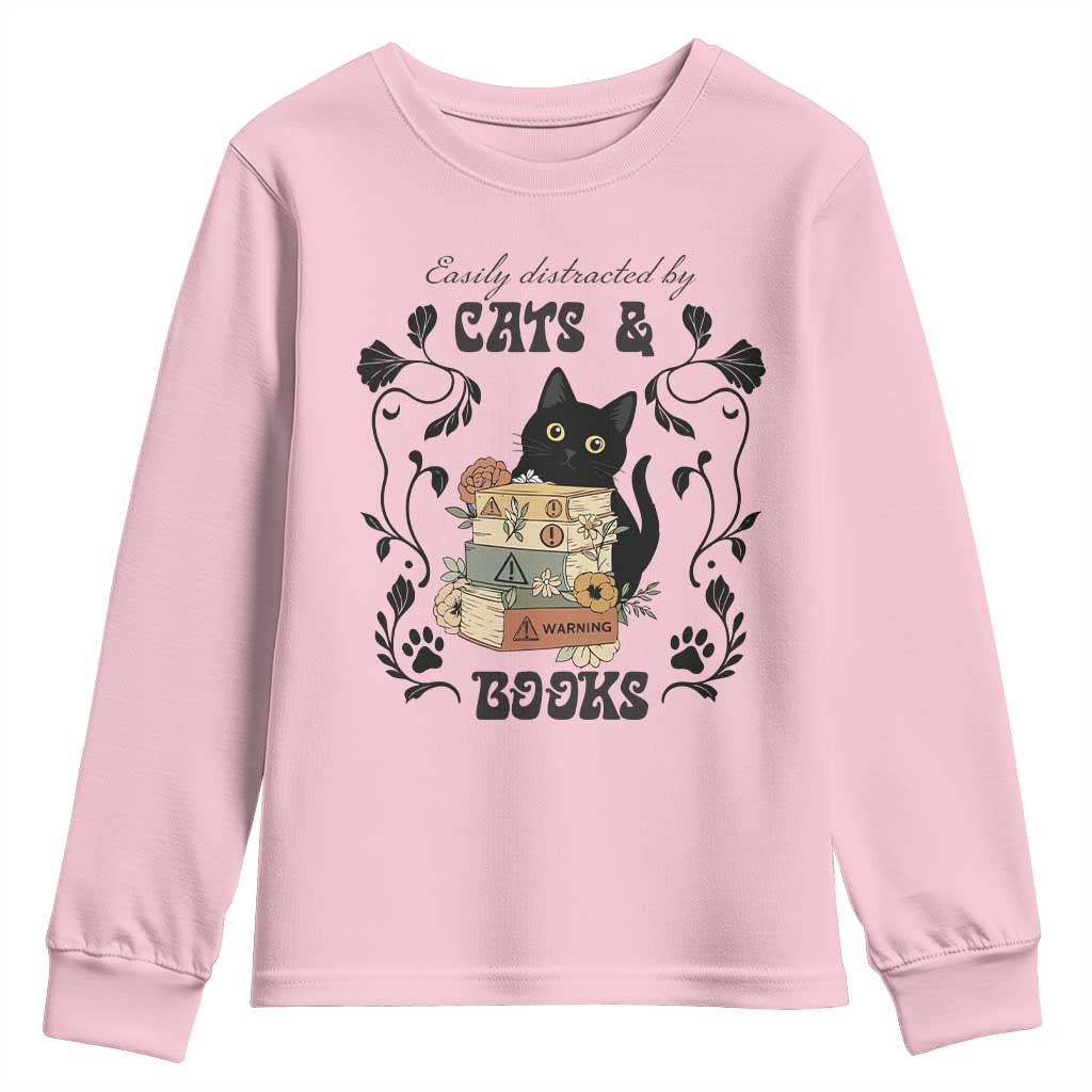 Easily Distracted By Cats And Books Youth Sweatshirt Funny Book Kitty Lover - Wonder Print Shop