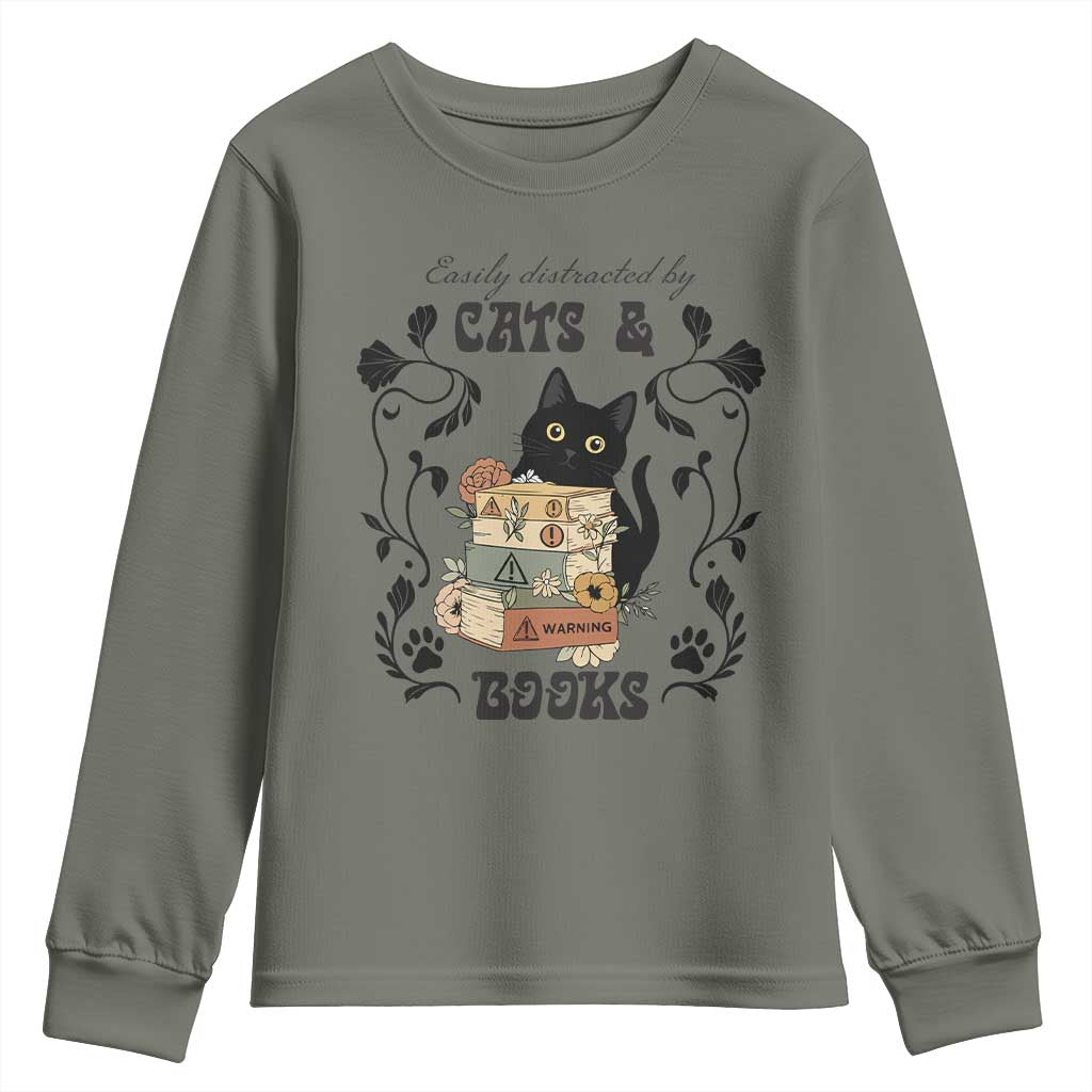 Easily Distracted By Cats And Books Youth Sweatshirt Funny Book Kitty Lover - Wonder Print Shop