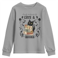 Easily Distracted By Cats And Books Youth Sweatshirt Funny Book Kitty Lover - Wonder Print Shop