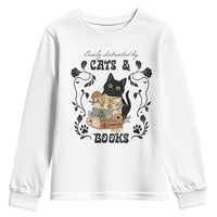 Easily Distracted By Cats And Books Youth Sweatshirt Funny Book Kitty Lover - Wonder Print Shop