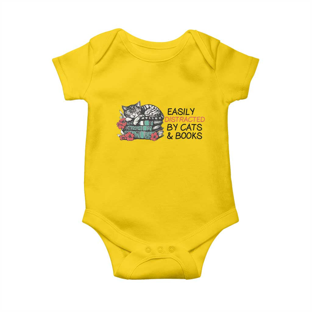 Easily Distracted By Cats And Books Baby Onesie Lazy Kitty Book Lover - Wonder Print Shop