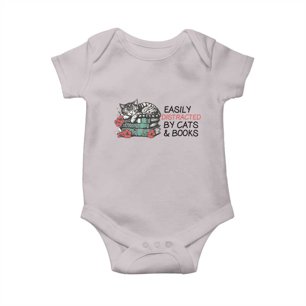 Easily Distracted By Cats And Books Baby Onesie Lazy Kitty Book Lover - Wonder Print Shop