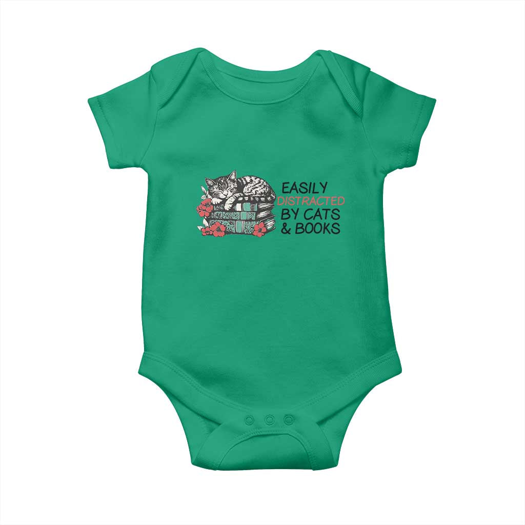 Easily Distracted By Cats And Books Baby Onesie Lazy Kitty Book Lover - Wonder Print Shop
