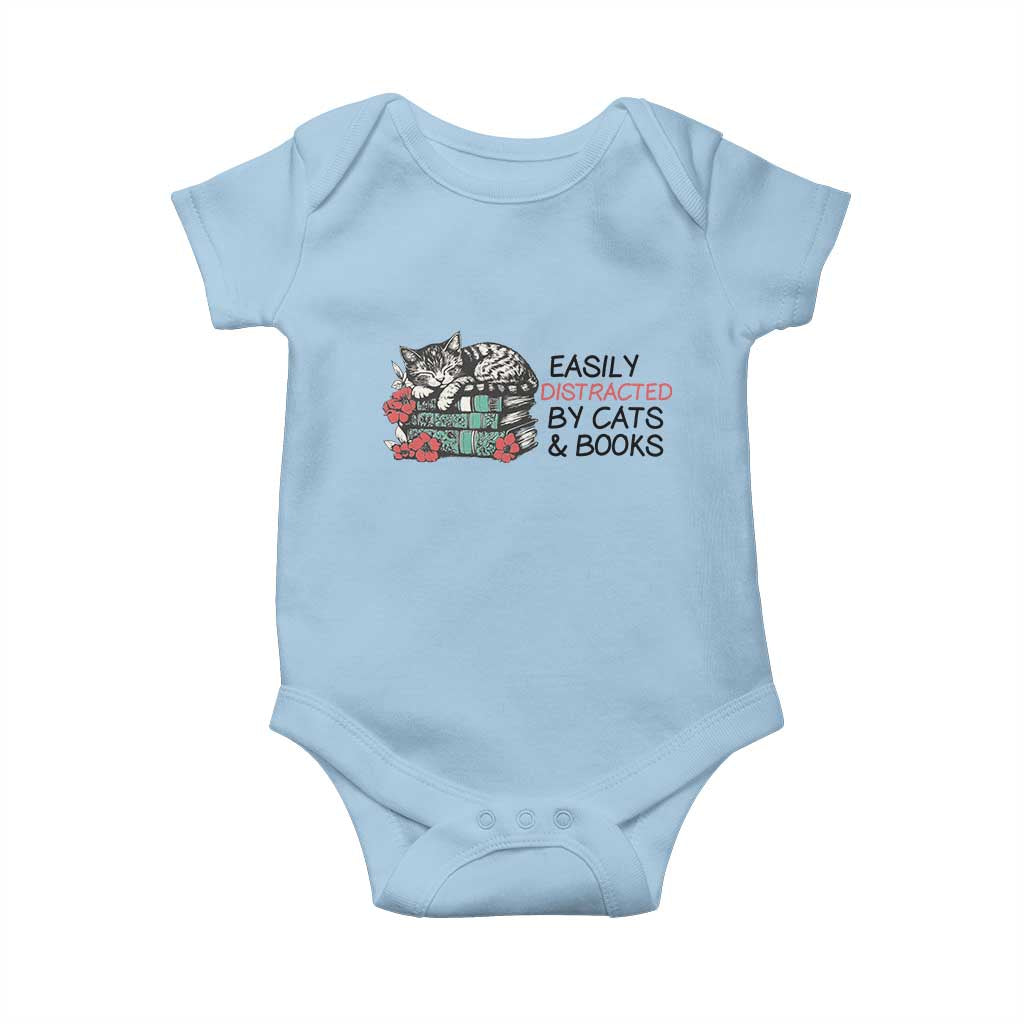Easily Distracted By Cats And Books Baby Onesie Lazy Kitty Book Lover - Wonder Print Shop
