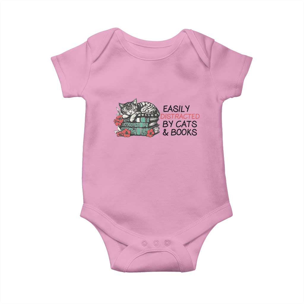 Easily Distracted By Cats And Books Baby Onesie Lazy Kitty Book Lover - Wonder Print Shop