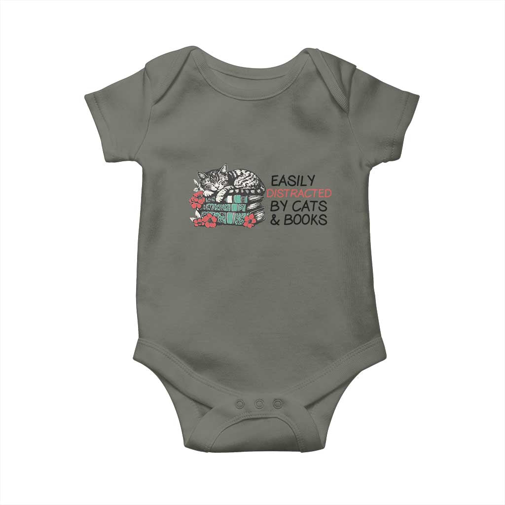 Easily Distracted By Cats And Books Baby Onesie Lazy Kitty Book Lover - Wonder Print Shop