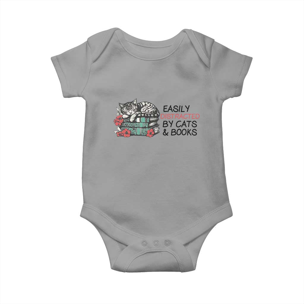 Easily Distracted By Cats And Books Baby Onesie Lazy Kitty Book Lover - Wonder Print Shop