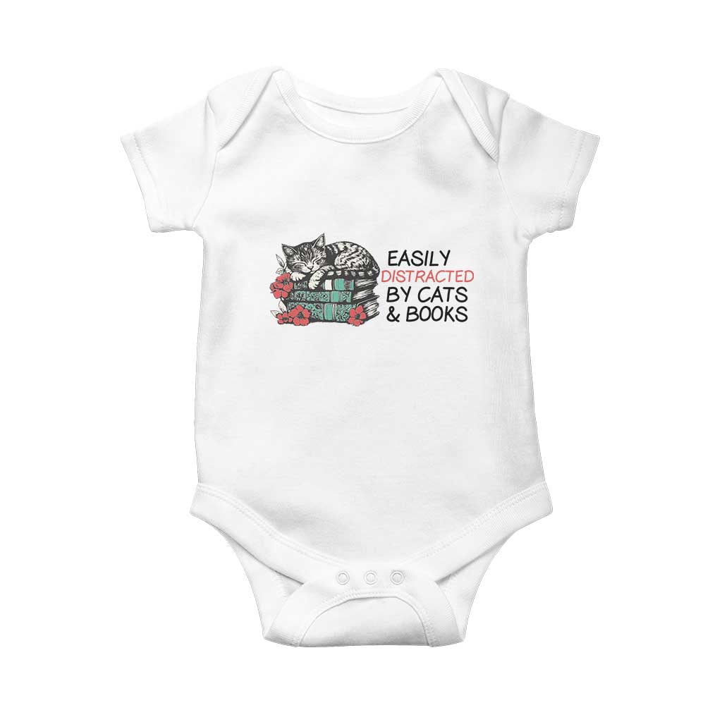 Easily Distracted By Cats And Books Baby Onesie Lazy Kitty Book Lover - Wonder Print Shop