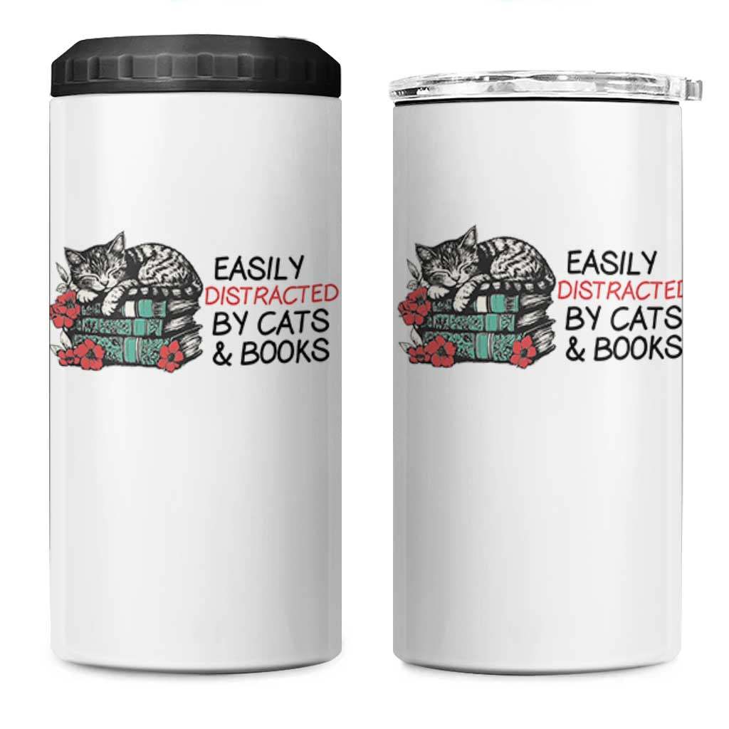 Easily Distracted By Cats And Books 4 in 1 Can Cooler Tumbler Lazy Kitty Book Lover