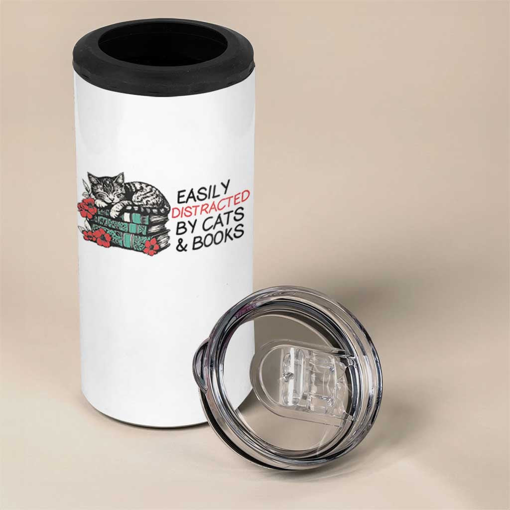 Easily Distracted By Cats And Books 4 in 1 Can Cooler Tumbler Lazy Kitty Book Lover