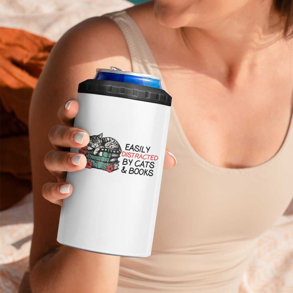 Easily Distracted By Cats And Books 4 in 1 Can Cooler Tumbler Lazy Kitty Book Lover