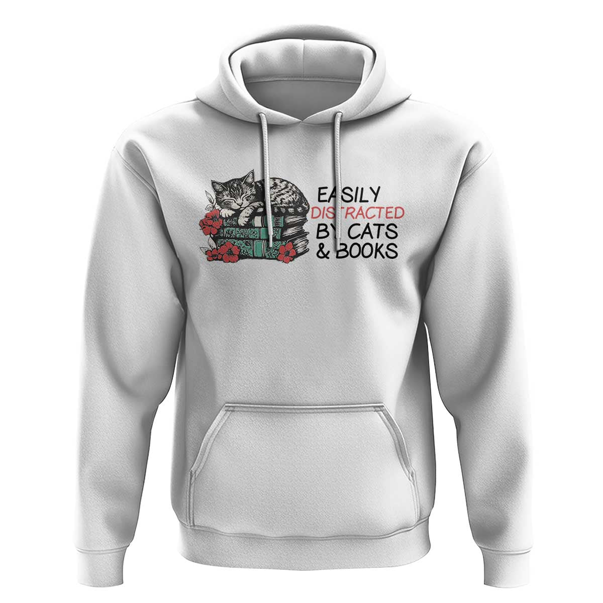 Easily Distracted By Cats And Books Hoodie Lazy Kitty Book Lover - Wonder Print Shop