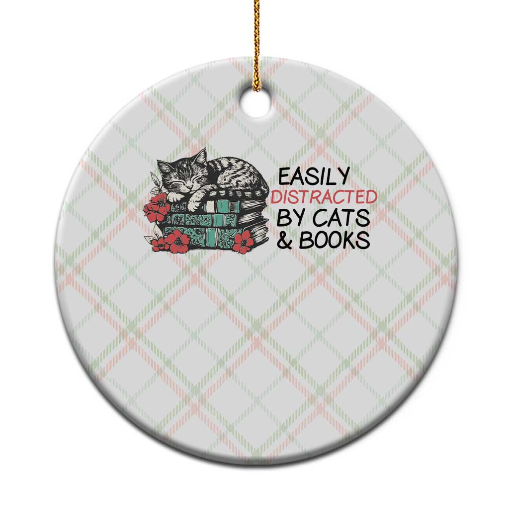 Easily Distracted By Cats And Books Ceramic Ornament Lazy Kitty Book Lover - Wonder Print Shop