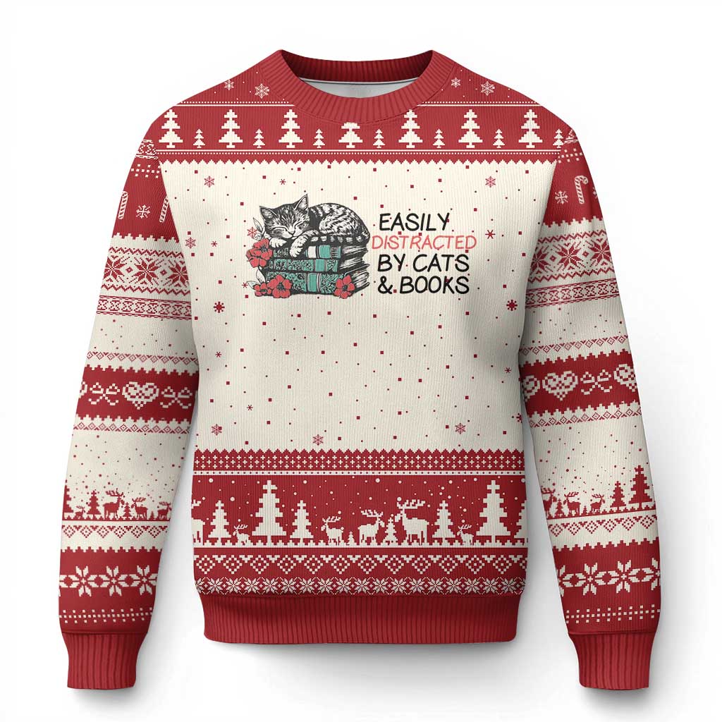 Easily Distracted By Cats And Books Ugly Christmas Sweater Lazy Kitty Book Lover - Wonder Print Shop