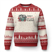 Easily Distracted By Cats And Books Ugly Christmas Sweater Lazy Kitty Book Lover - Wonder Print Shop