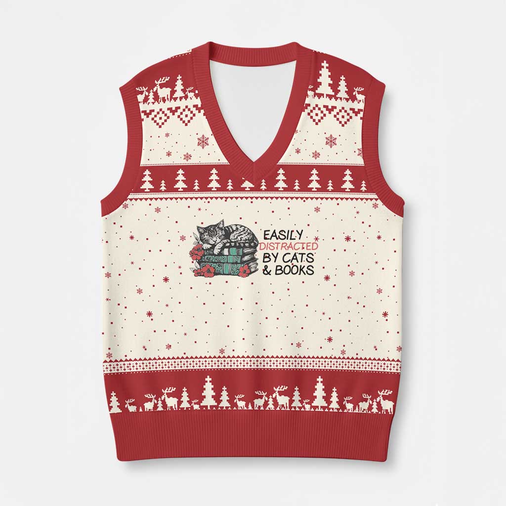 Easily Distracted By Cats And Books V-Neck Knit Sweater Vest Lazy Kitty Book Lover - Wonder Print Shop