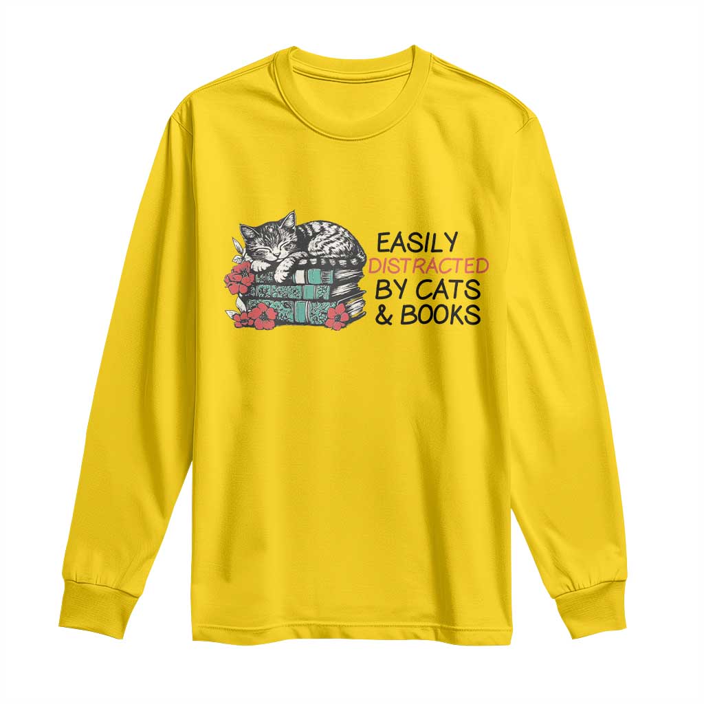 Easily Distracted By Cats And Books Long Sleeve Shirt Lazy Kitty Book Lover - Wonder Print Shop