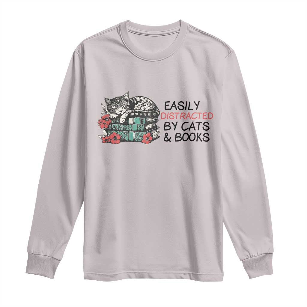 Easily Distracted By Cats And Books Long Sleeve Shirt Lazy Kitty Book Lover - Wonder Print Shop