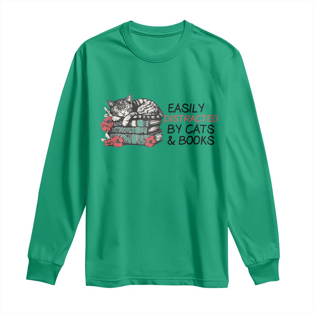 Easily Distracted By Cats And Books Long Sleeve Shirt Lazy Kitty Book Lover - Wonder Print Shop
