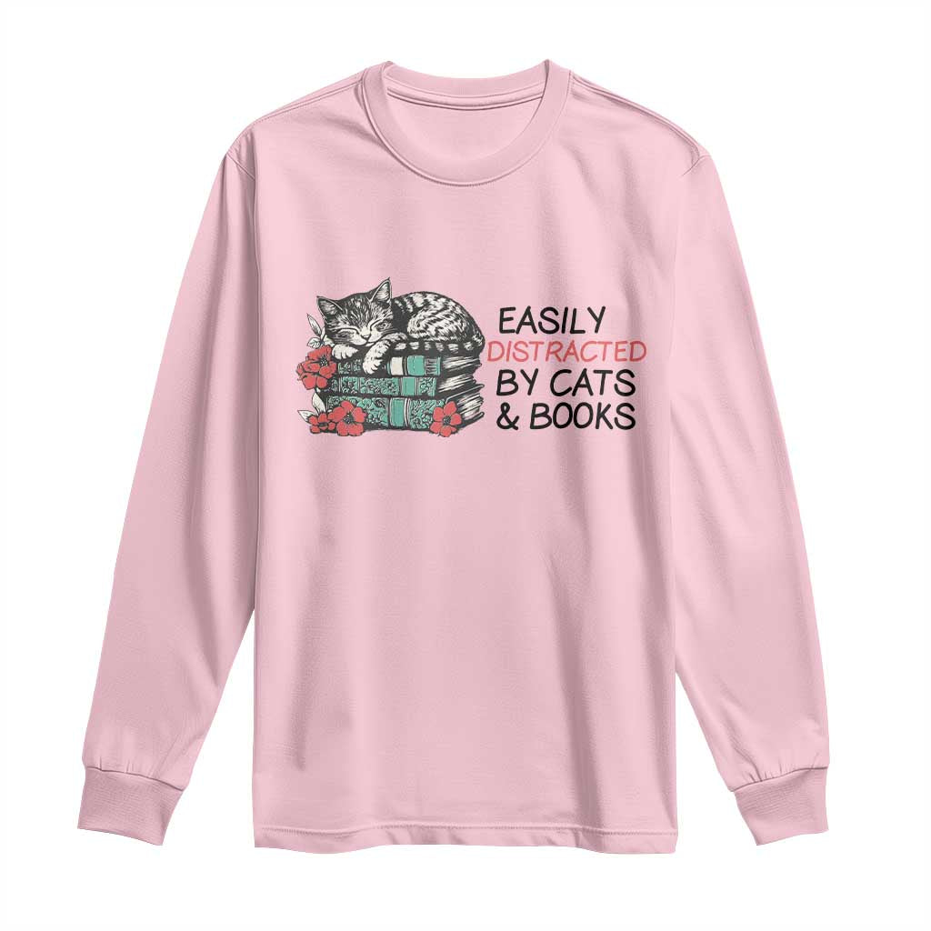 Easily Distracted By Cats And Books Long Sleeve Shirt Lazy Kitty Book Lover - Wonder Print Shop