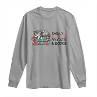 Easily Distracted By Cats And Books Long Sleeve Shirt Lazy Kitty Book Lover - Wonder Print Shop