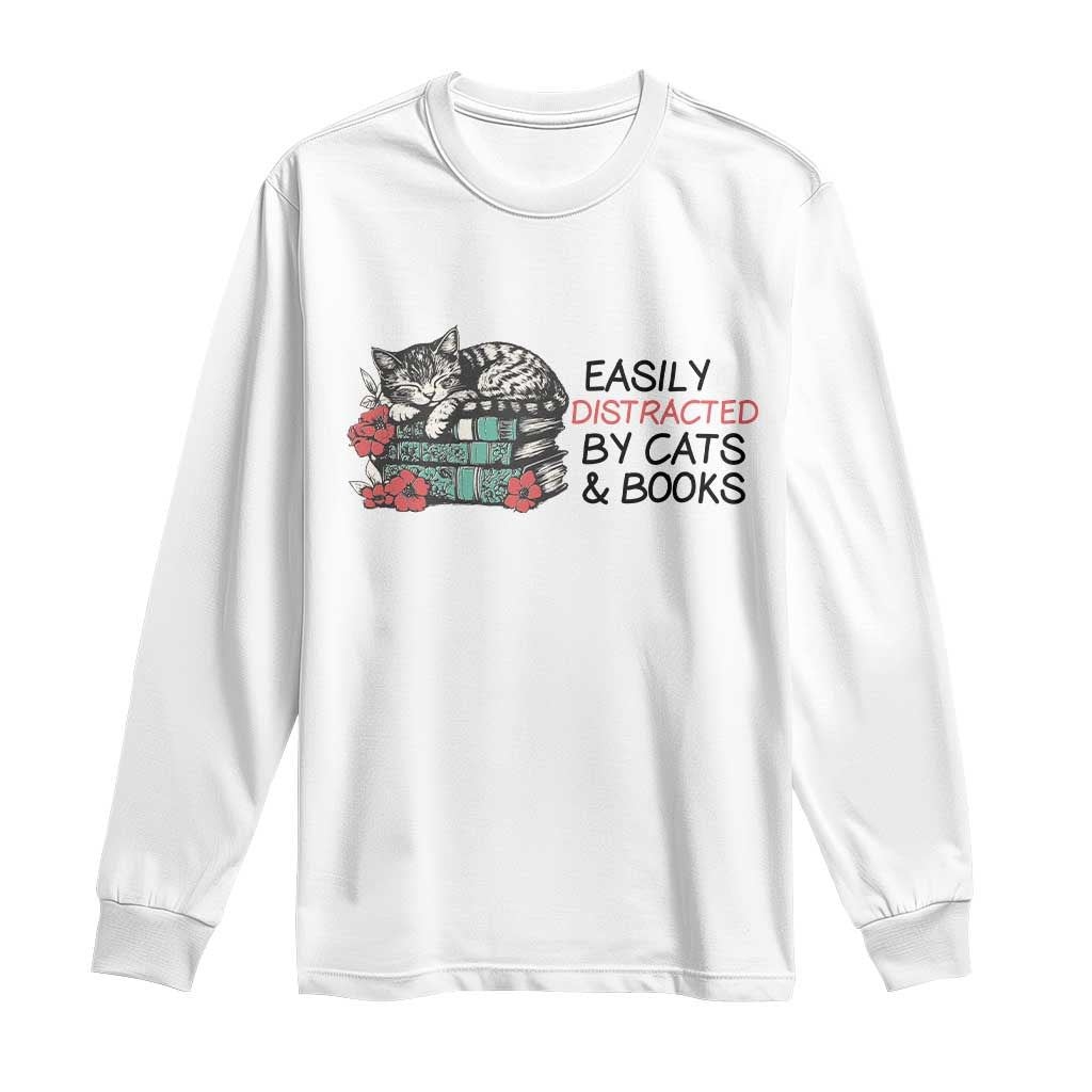 Easily Distracted By Cats And Books Long Sleeve Shirt Lazy Kitty Book Lover - Wonder Print Shop