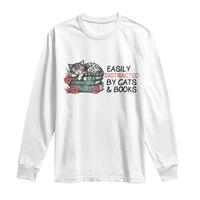 Easily Distracted By Cats And Books Long Sleeve Shirt Lazy Kitty Book Lover - Wonder Print Shop