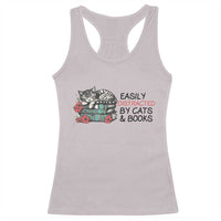 Easily Distracted By Cats And Books Racerback Tank Top Lazy Kitty Book Lover - Wonder Print Shop