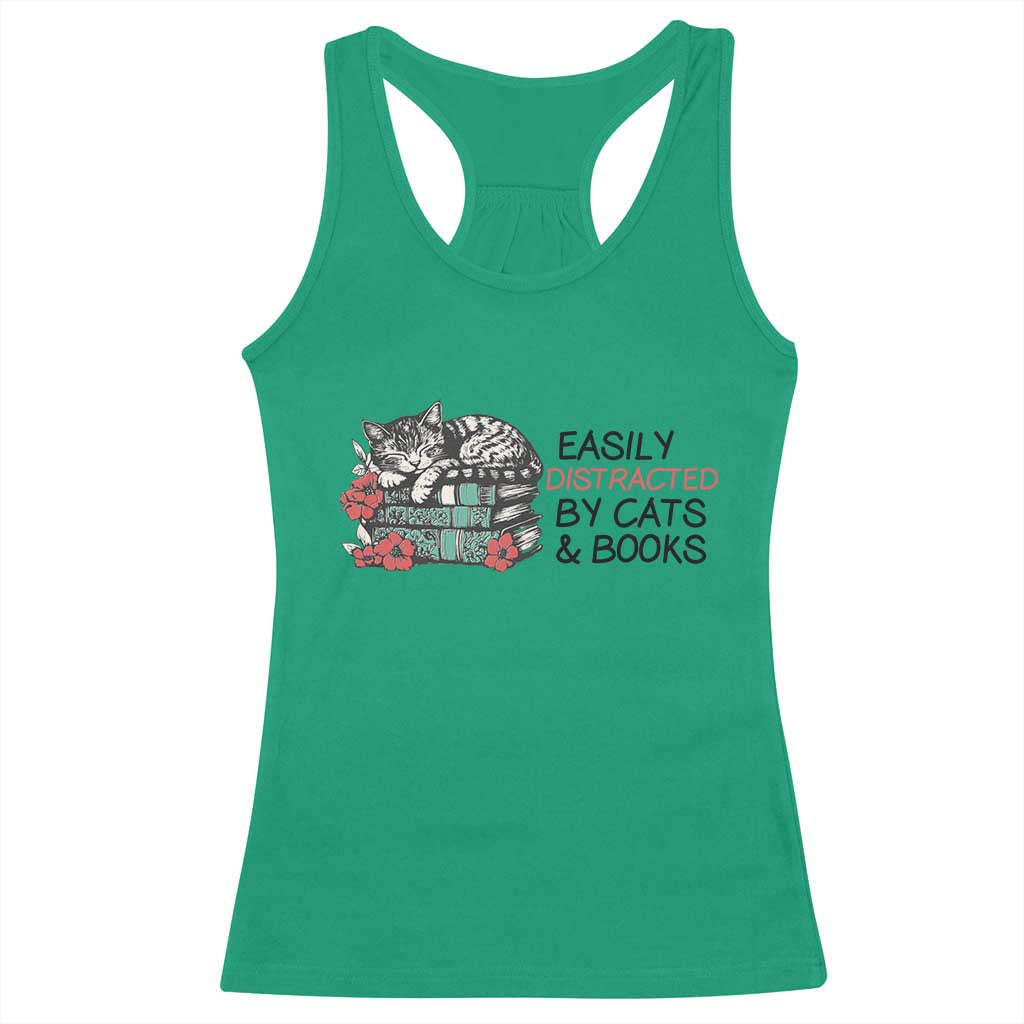 Easily Distracted By Cats And Books Racerback Tank Top Lazy Kitty Book Lover - Wonder Print Shop