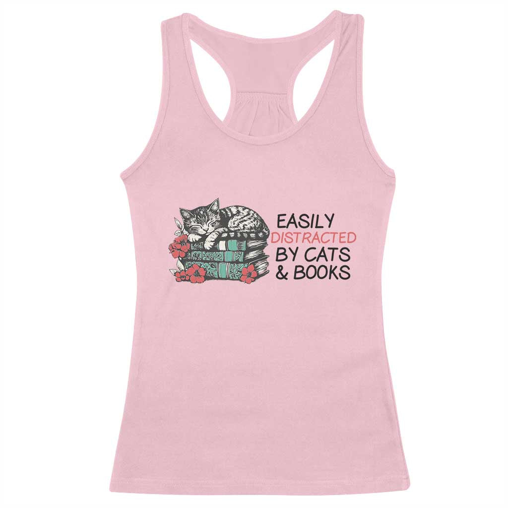 Easily Distracted By Cats And Books Racerback Tank Top Lazy Kitty Book Lover - Wonder Print Shop