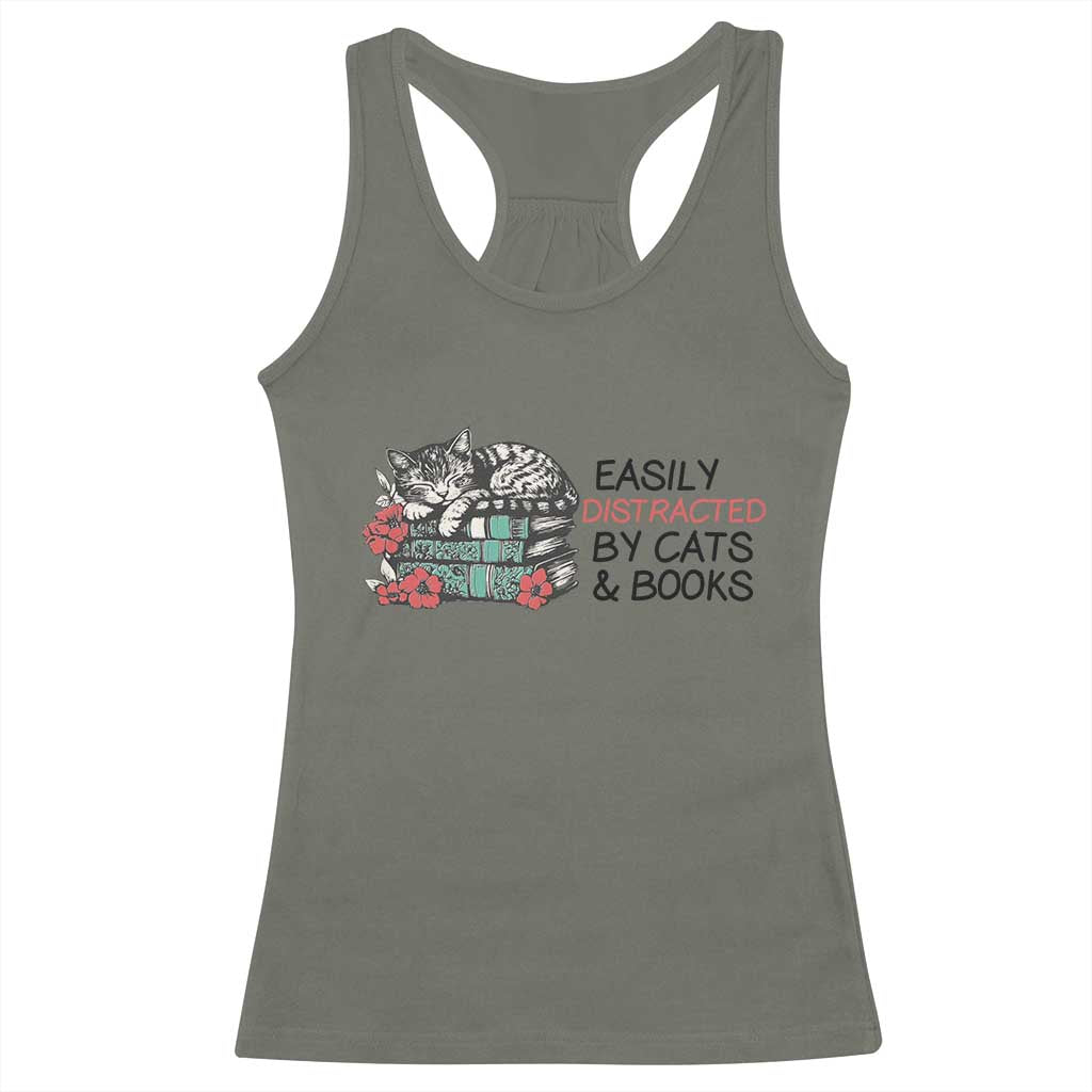 Easily Distracted By Cats And Books Racerback Tank Top Lazy Kitty Book Lover - Wonder Print Shop