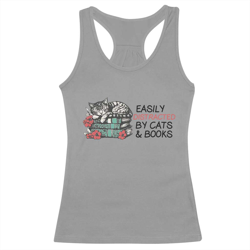 Easily Distracted By Cats And Books Racerback Tank Top Lazy Kitty Book Lover - Wonder Print Shop