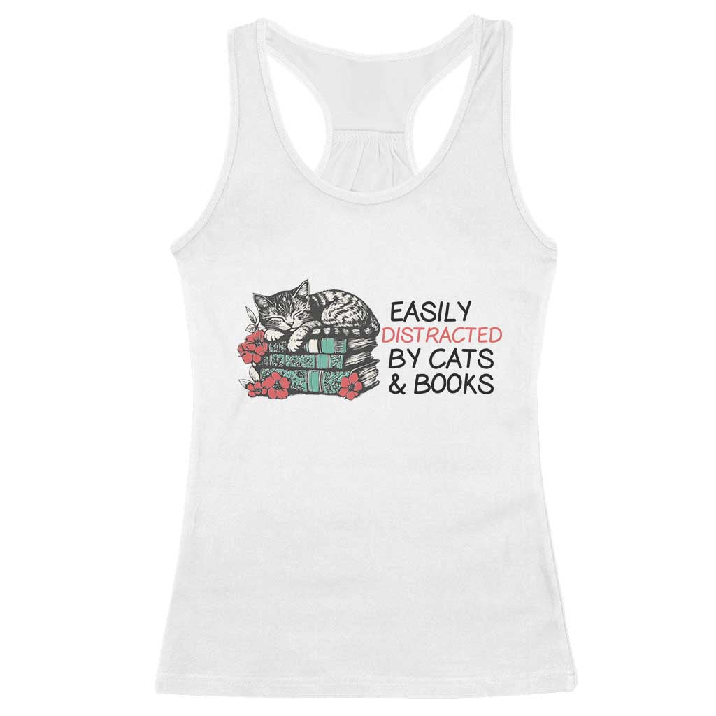 Easily Distracted By Cats And Books Racerback Tank Top Lazy Kitty Book Lover - Wonder Print Shop