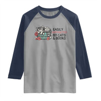 Easily Distracted By Cats And Books Raglan Shirt Lazy Kitty Book Lover - Wonder Print Shop