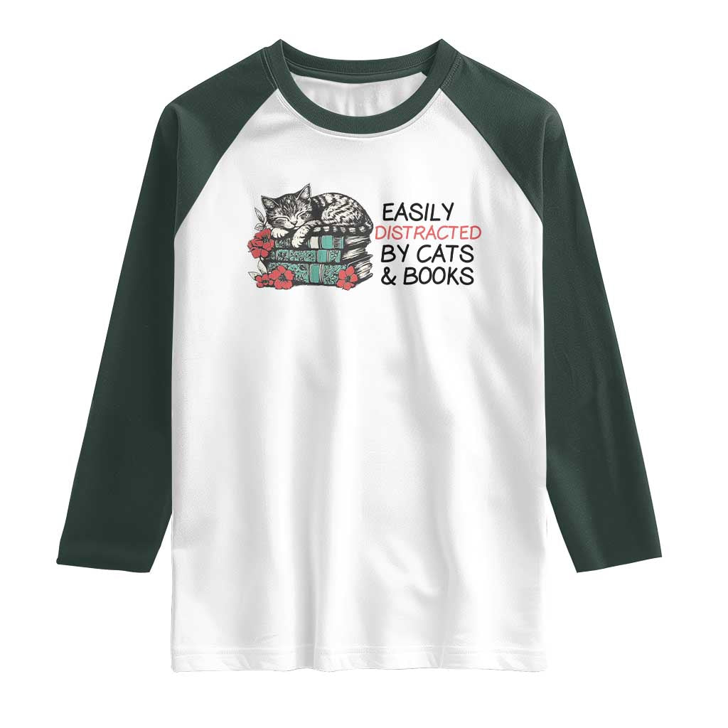 Easily Distracted By Cats And Books Raglan Shirt Lazy Kitty Book Lover - Wonder Print Shop