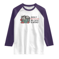 Easily Distracted By Cats And Books Raglan Shirt Lazy Kitty Book Lover - Wonder Print Shop
